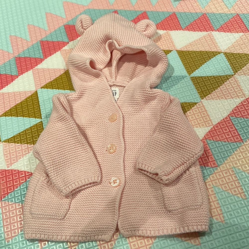 Baby gap pink button sweater teddy bear ears